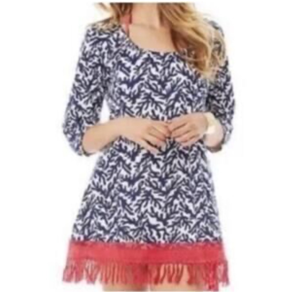 Lilly Pulitzer Alia Beach Cover Up Dress Navy Blue‎ Treasure Fringe Size Small